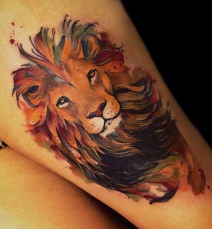 Colorful Lion Tattoo On Leg