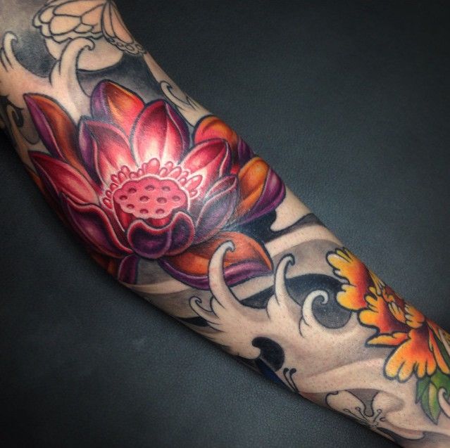 Colorful Lotus Tattoo On Full Arm