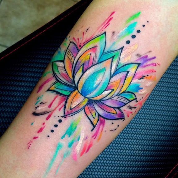 Colorful Lotus Tattoo On Leg