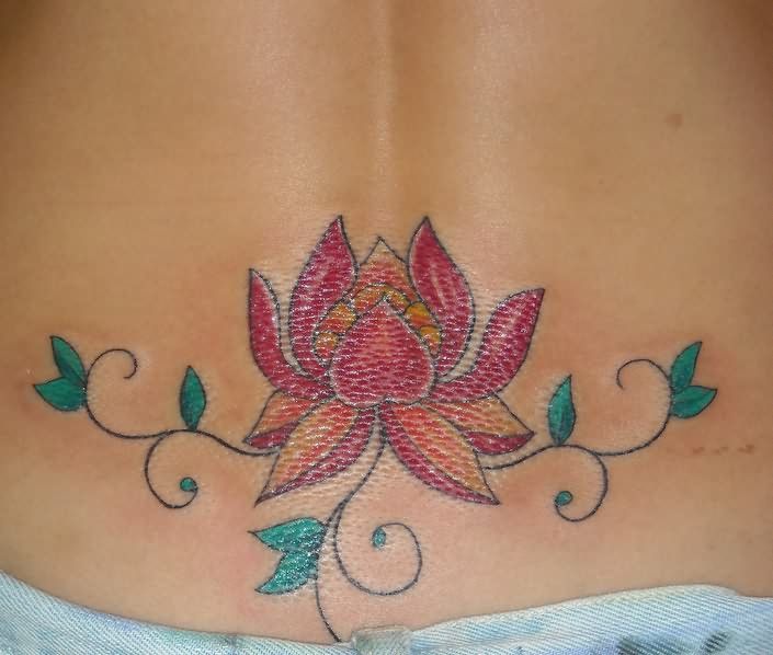 Colorful Lotus Tattoo On Lower Back