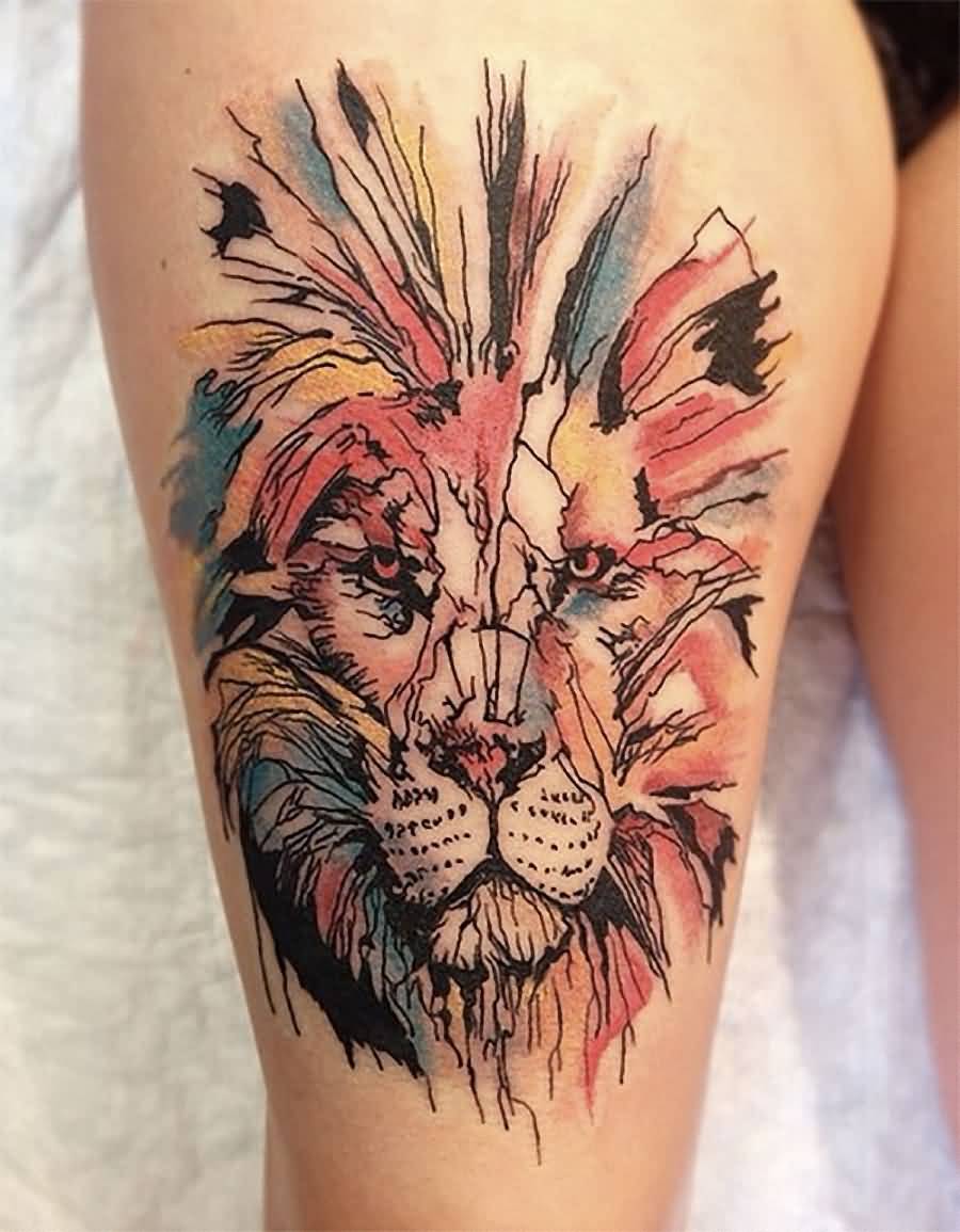 Colorful Native Lion Tattoo On Thigh
