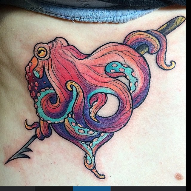 Colorful Octopus Holding An Arrow Tattoo