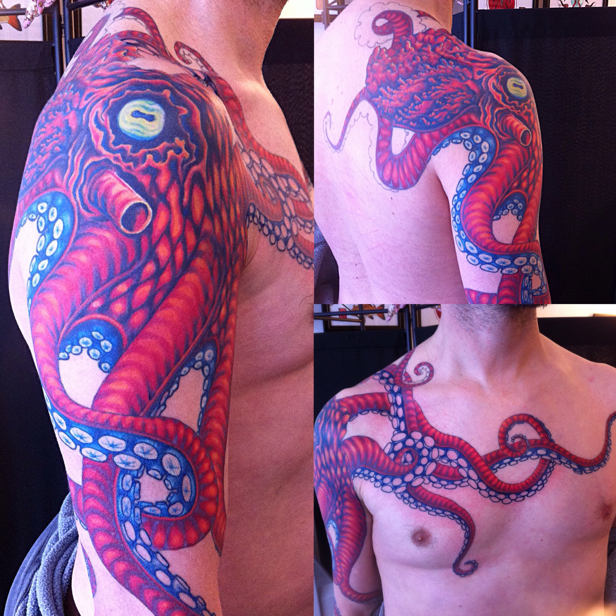 Colorful Octopus Tattoo On Shoulder, Chest, Back & Arm by Jai Gilchrist