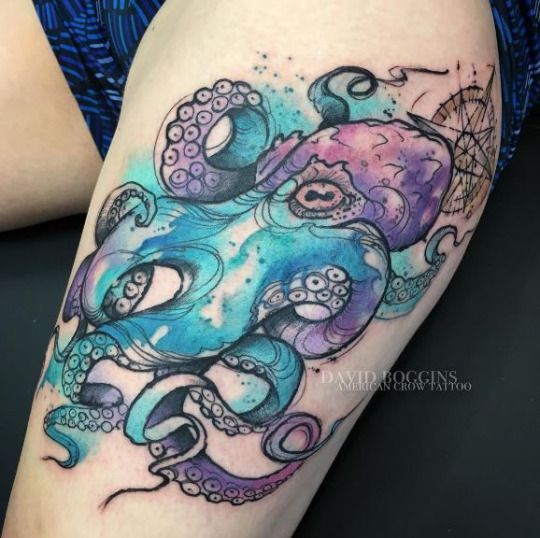Colorful Octopus With Compass Tattoo On Thigh By David Boggins. American Crow Tattoo