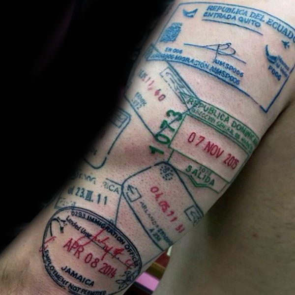 Colorful Passport Stamps Travel Tattoo on Half Sleeve