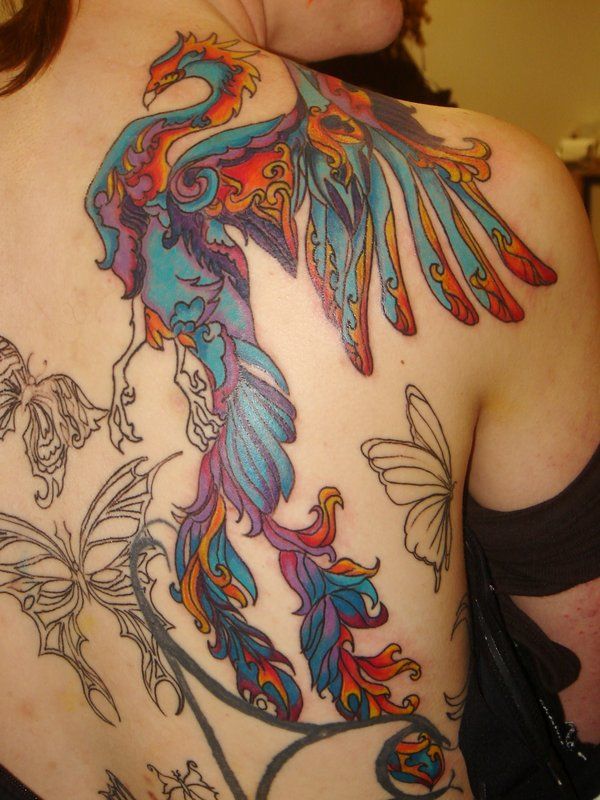 Colorful Phoenix And Butterflies Tattoo On Back