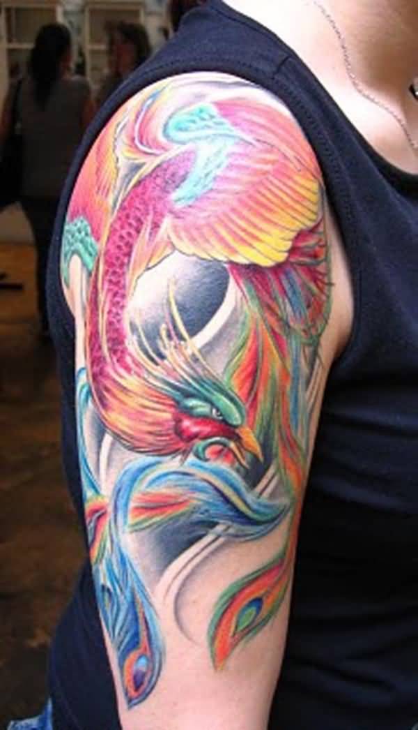 Colorful Phoenix Tattoo On Half Sleeve