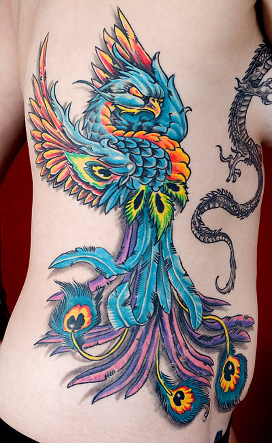 Colorful Phoenix Tattoo On Side Rib