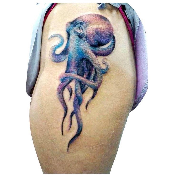 Colorful Shaded Octopus Tattoo On Thigh For Girls