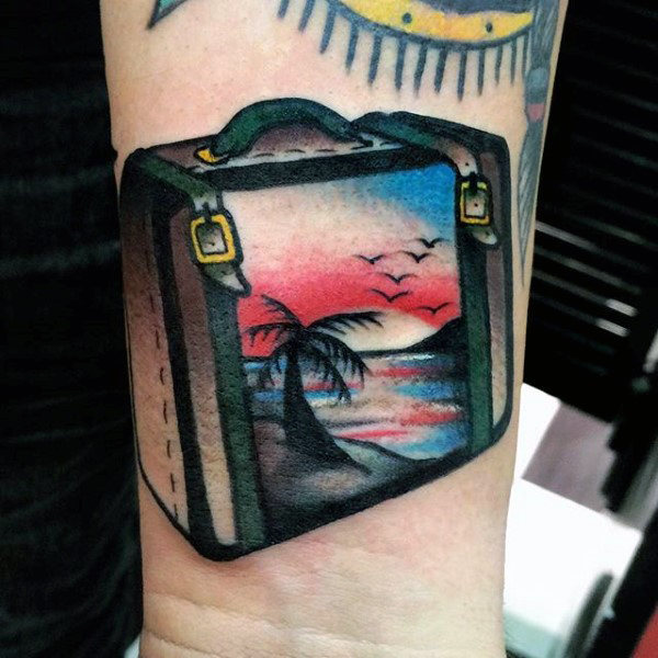 Colorful Travel Luggage With Palm Tree Tattoo