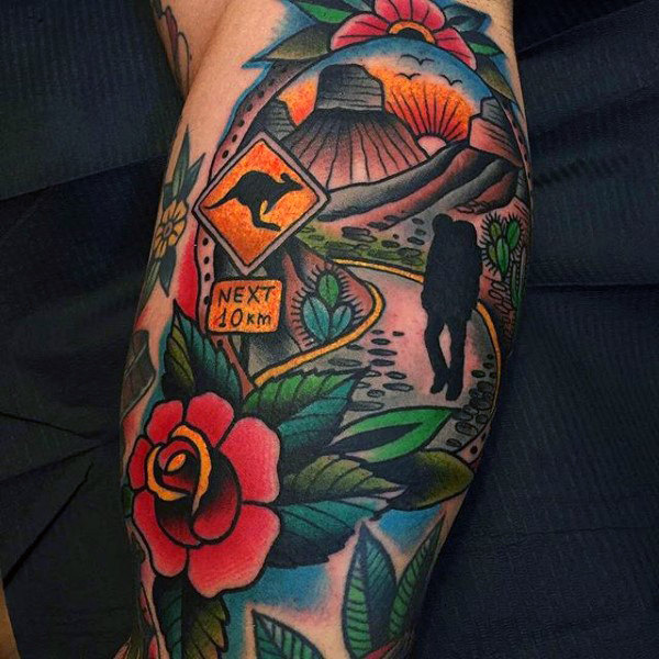 Colorful Travel Tattoo With Flowers and Scenery