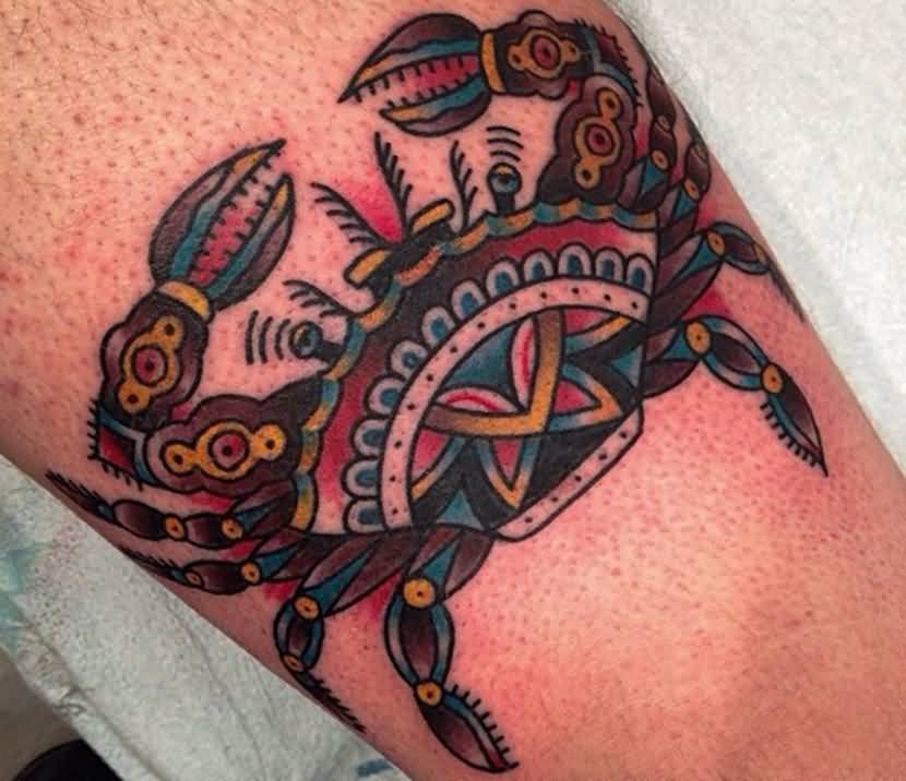 Colorful Tribal Crab Tattoo On Leg