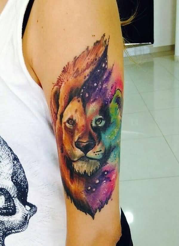 Colorful lion Face Tattoo On Bicep