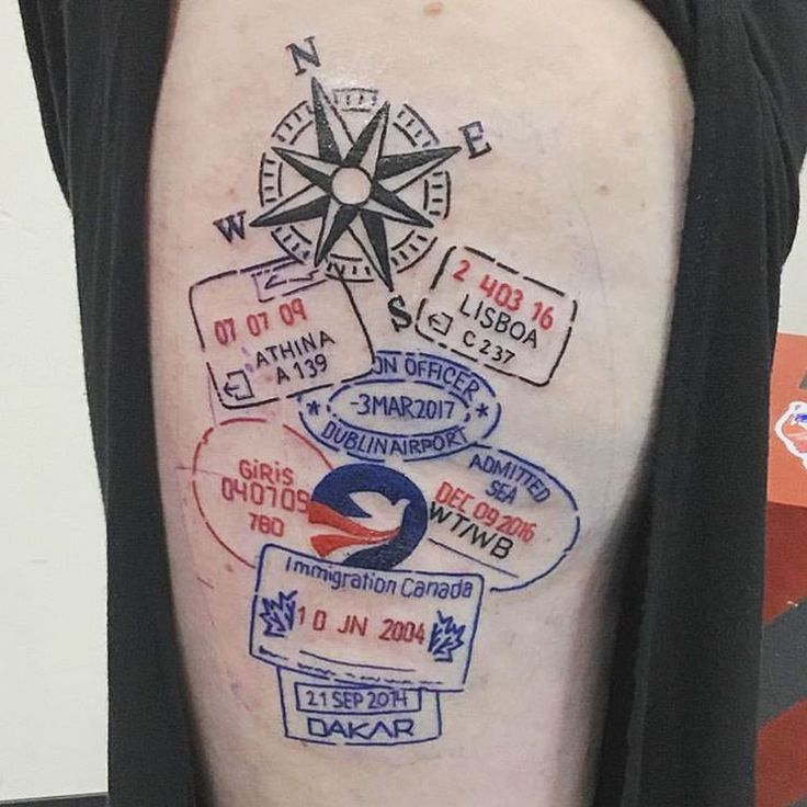 Compass With Passport Stamps Travel Tattoo