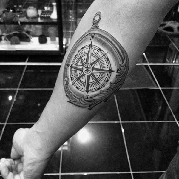 Cool Grey Ink Compass Travel Tattoo On Forearm