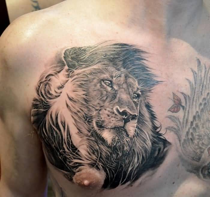 Cool Lion Face Tattoo On Chest