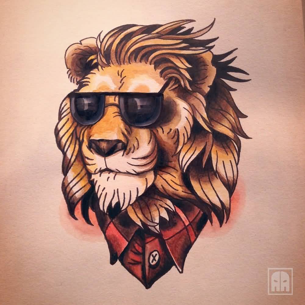 Cool Lion With Black Googles Tattoo design