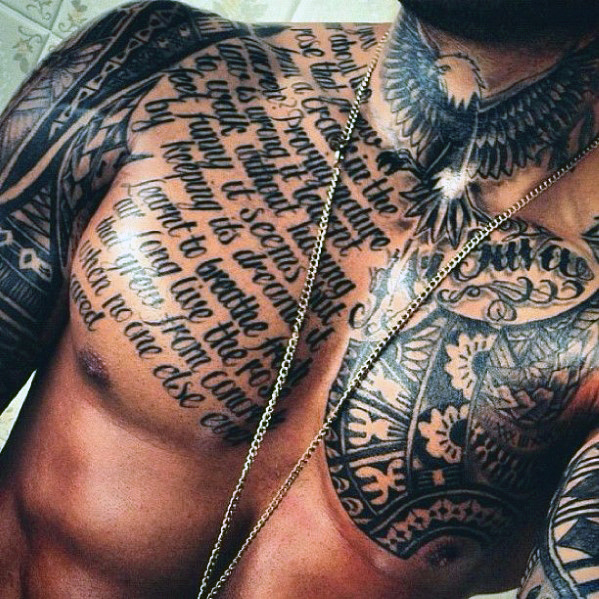 Cool Quote Chest Tattoo With Flying Eagle on Neck