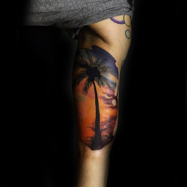 Cool Sunset Palm Tree Portrait Travel Tattoo On Leg