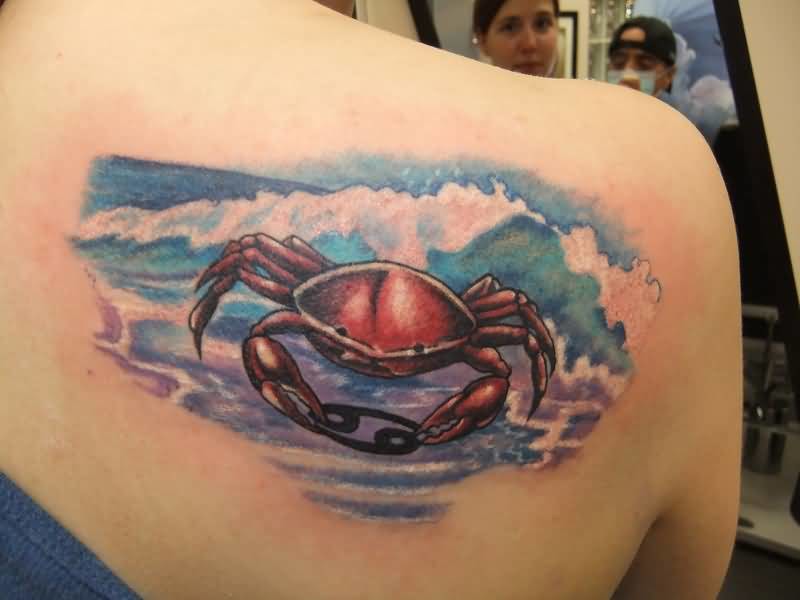 Crab And Sea Water Tattoo Design On Back Shoulder