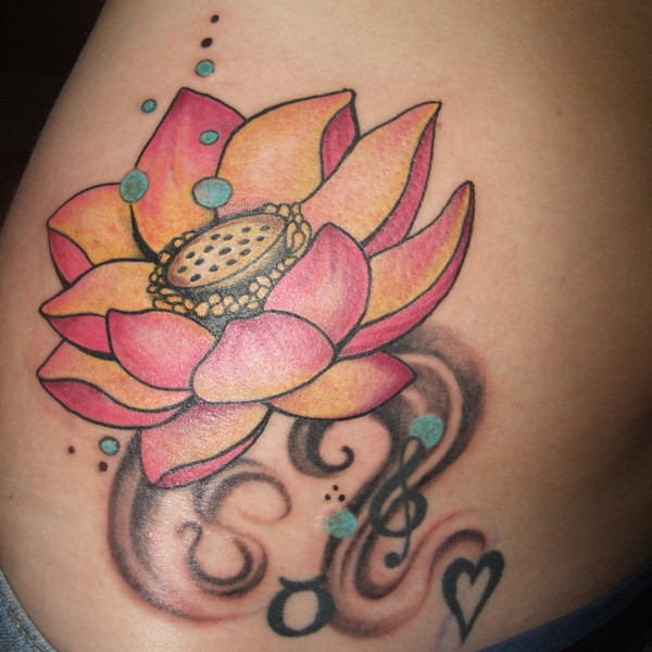 Cute Lotus Flower With Musical Knots And Heart Design Tattoo