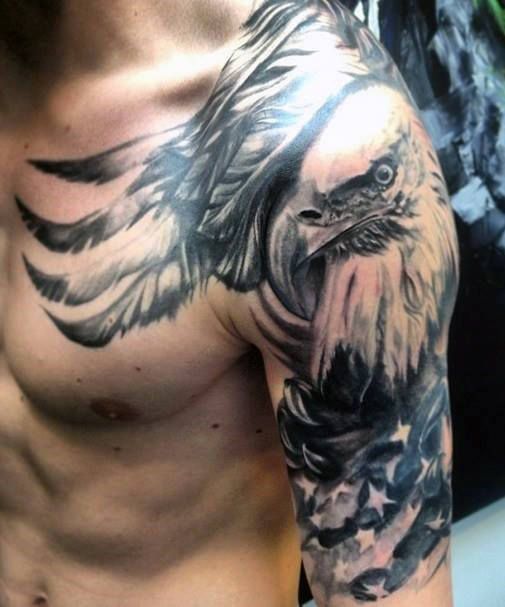 Dark Bald Eagle With American Flag Tattoo On Shoulder And Half Sleeve