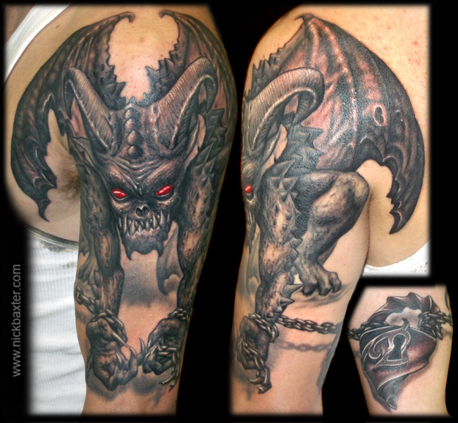 Dark Chained Demon With Red Eyes Tattoo on Half Sleeve by Nick Baxter