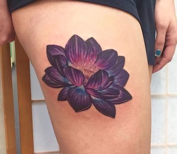 Dark Purple Lotus Tattoo On Thigh