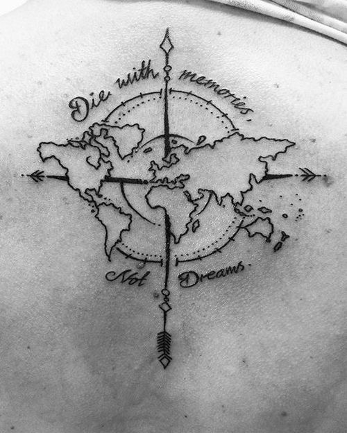 Die With Memories Not Dreams – Compass & World Map Travel Tattoo Design