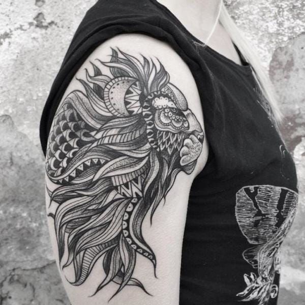 Dotwork Lion Tattoo On Upper Arm