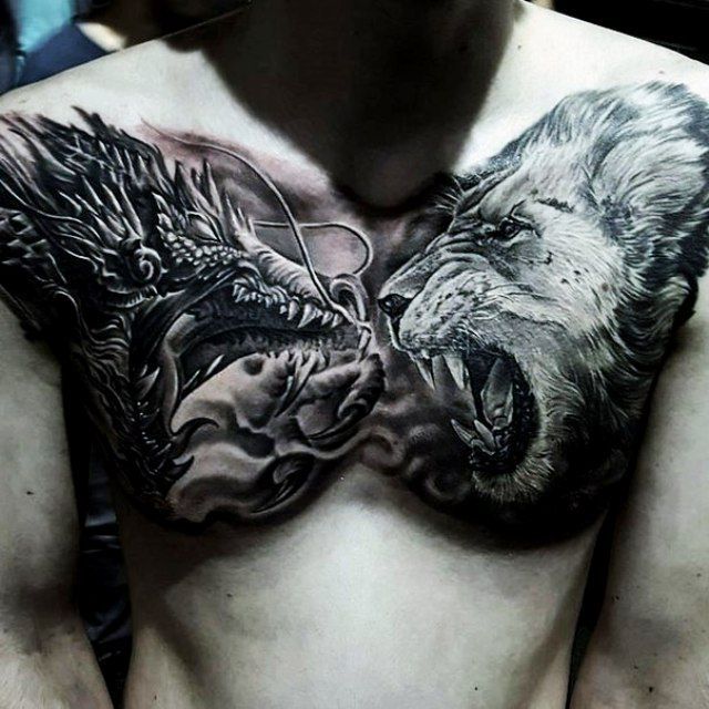 Dragon And Lion Tattoo On Chest