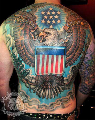 Eagle And American Flag Tattoo On Full Back