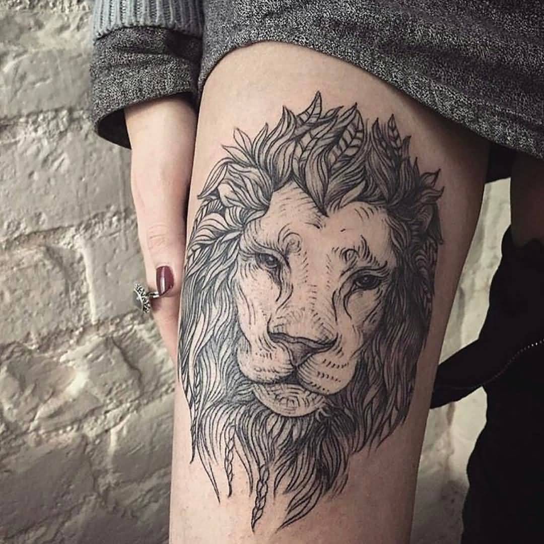 Fantastic Gray And White Lion Tattoo On Thigh
