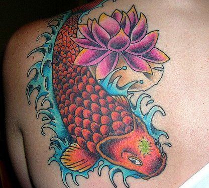 Fish And Lotus Flower Tattoo On Shoulder