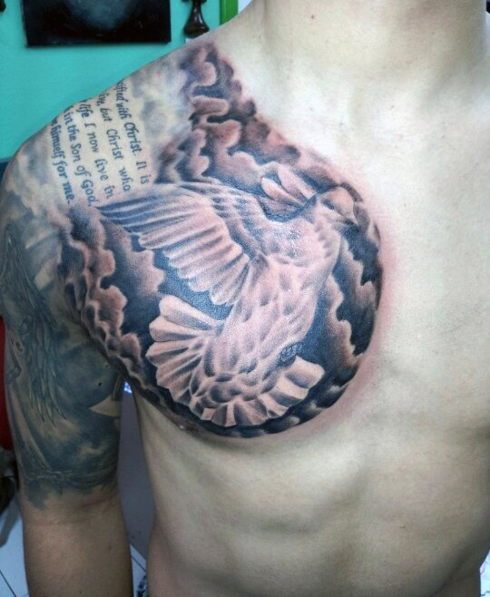 Flying Dove In Clouds With Quote Tattoo on Half Chest For Men