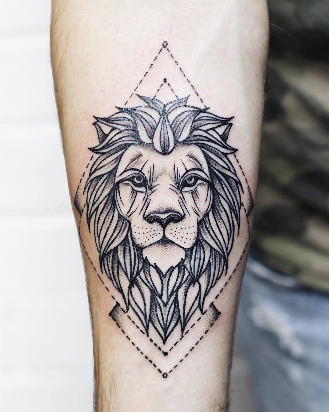 Geometric Lion Tattoo On Leg Calf