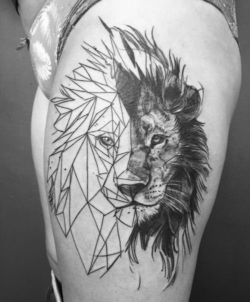 Geometric Lion Tattoo On thigh