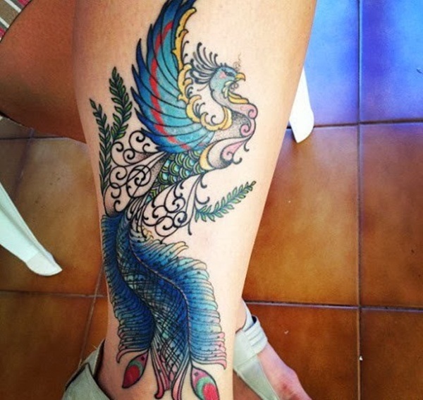 Girly Phoenix Tattoo On Leg Calf