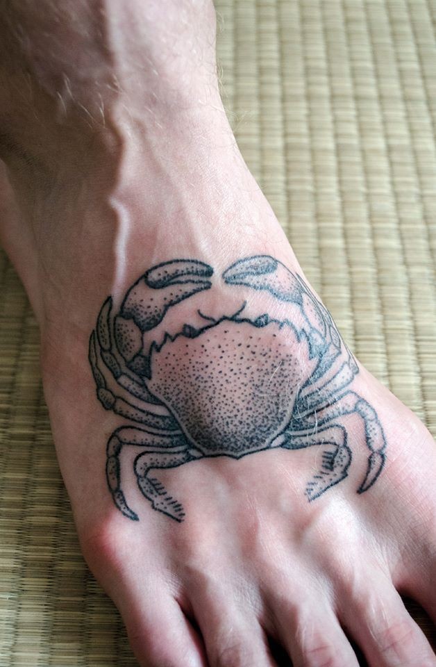 Gray Dotwork Crab Tattoo On Foot