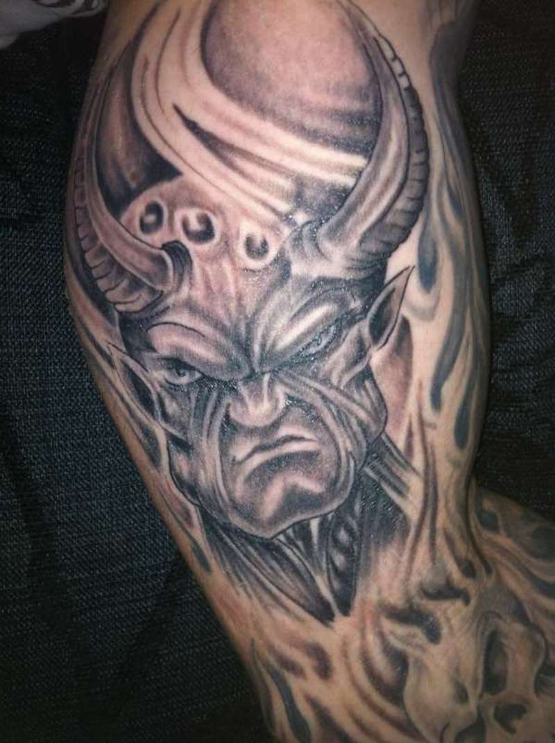 Gray Ink Angry Demon Tattoo On Half Sleeve