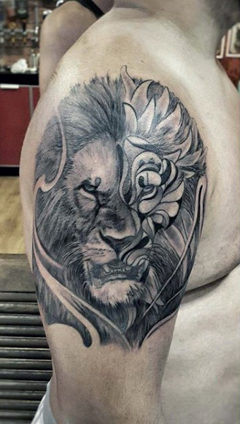 Gray Ink Bad Lion Tattoo On Upper Sleev