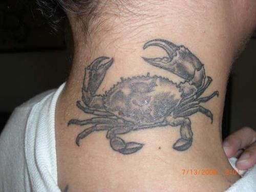 Gray Ink Crab Tattoo On Back neck