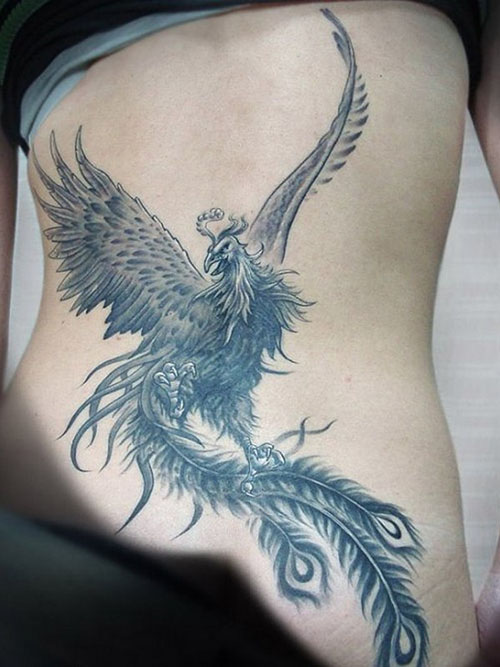 Gray Ink Phoenix Tattoo On Back
