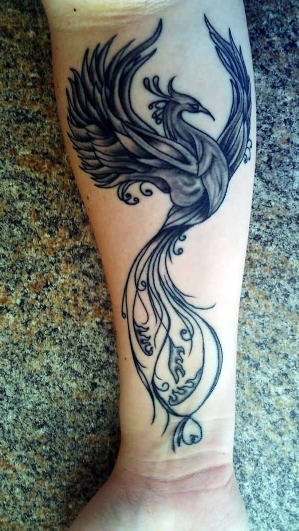 Gray Ink Phoenix Tattoo On Forearm
