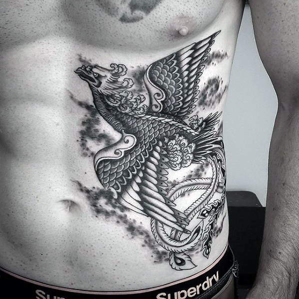 Gray Japanese Phoenix Tattoo On Side rib Cage