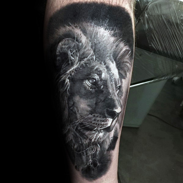 Gray Lion Tattoo On Leg