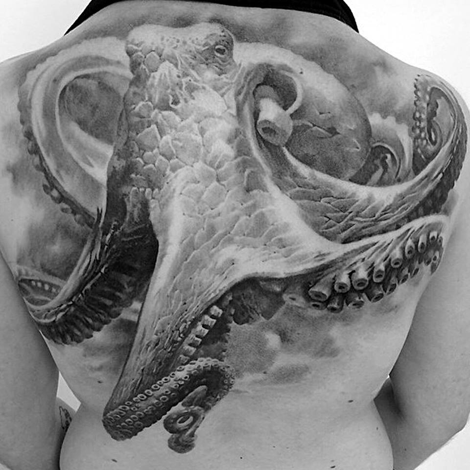 Grey 3D Large Realistic Octopus Tattoo On Full Back