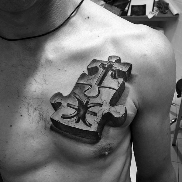 Grey 3D Realistic Puzzle Tattoo on Chest For Men