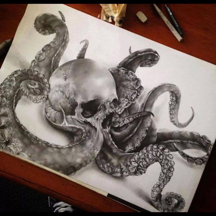 Grey 3D Skull Octopus Tattoo Design