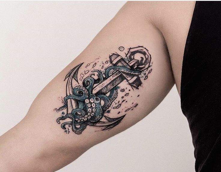 Grey Anchor With Green Octopus Tattoo on Bicep For Men